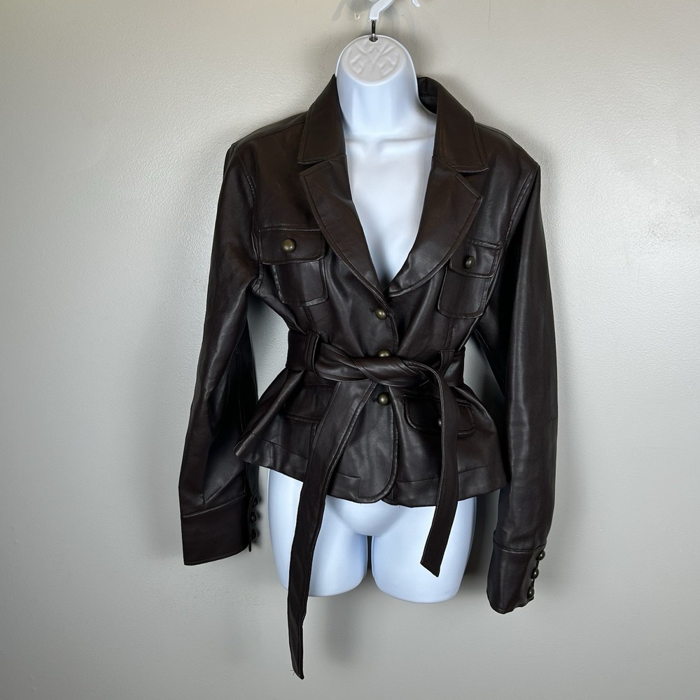 Paris Blues Vintage Faux Leather Jacket Womens Medium Brown Belted Pockets Retro
